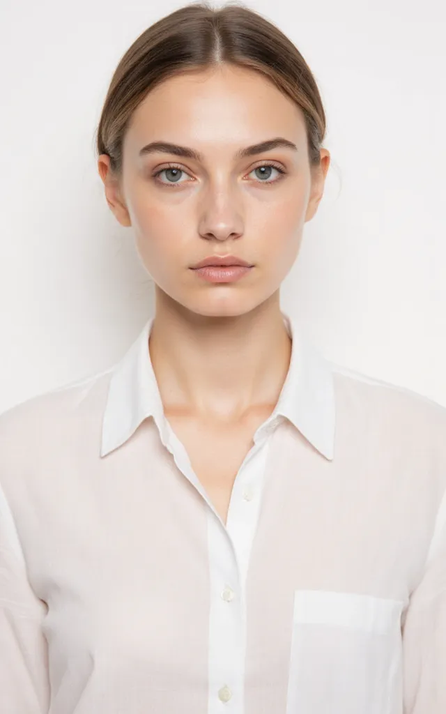A French female model with a Nude makeup style, wearing a shirt, against a white background, in a front   facing bust portrait